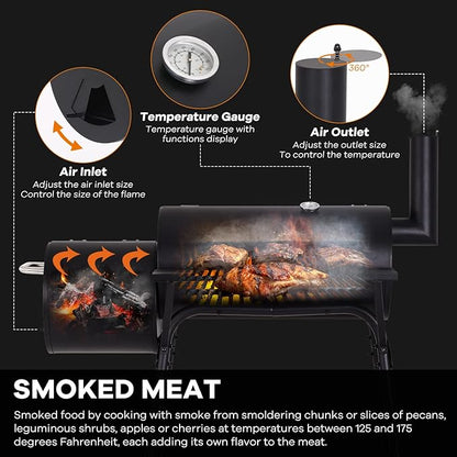 Charcoal Grills, MGHH Portable Charcoal Grill with 2 Wheels Side Fire Box, Small BBQ Oven Offset Smoker for 8-12 People Outdoor Patio Backyard, Camping Picnics