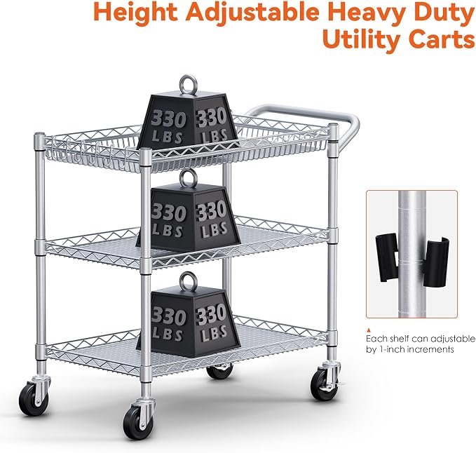 990Lbs Capacity Heavy Duty Rolling Utility Cart, NSF Rolling Carts with Wheels,Commercial Grade Metal Cart with Handle Bar & Shelf Liner,Trolley Serving Cart for Kitchen,Restaurant,Silver