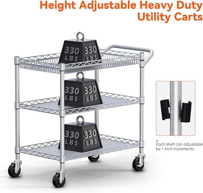 990Lbs Capacity Heavy Duty Rolling Utility Cart, NSF Rolling Carts with Wheels,Commercial Grade Metal Cart with Handle Bar & Shelf Liner,Trolley Serving Cart for Kitchen,Restaurant,Silver
