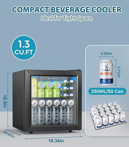 Electactic 50 Cans Beverage Refrigerator Cooler, 1.3 Cu.ft Mini Fridge Countertop Drink Cooler with Glass Door for Beer, Soda,Wine, Adjustable Digital Temperature Control for Home Dorm Bar, Black