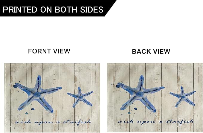 4Pack Vintage Sea Placemats Wood Grain Starfish Hippocampus Seashells Ocean Theme Table Mats Waterproof Heat Resistant Washable Non-Slip Place Mats for Dinner Room Kitchen Decor Table 12”×16”