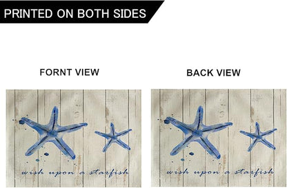 4Pack Vintage Sea Placemats Wood Grain Starfish Hippocampus Seashells Ocean Theme Table Mats Waterproof Heat Resistant Washable Non-Slip Place Mats for Dinner Room Kitchen Decor Table 12”×16”