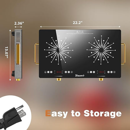 2 Burner Electric Cooktop 110V - 24 Inch(22.2"x 13.07") Countertop Electric Stove with Handles 2000W, Two Burner Ceramic Burner with Touch and Knob Control, Timer, Safety Lock, 120V Plug in
