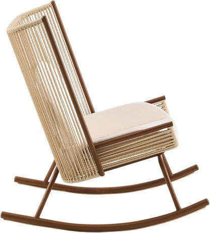 Christopher Knight Home Lumin Outdoor Rocking Chair, High Back PE Rattan Wicker Rocker with Metal Frame, Rocking Chair with Cushion, Comfort Rocker with Ergonomic Design for Patio or Lounge, Beige