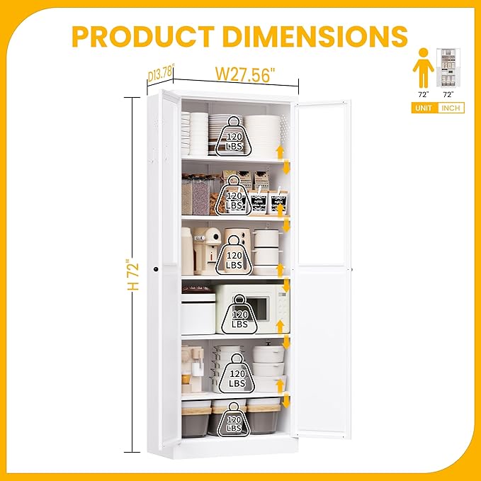 Pantry Cabinet with Glass Doors, 72” Kitchen Storage Cabinets with 5 Adjustable Shelves, Kitchen Pantry Cabinet with Ventilation Holes and Hooks for Home, Living Room, Pantry (White)