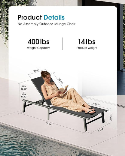 Ciokea Foldable Outdoor Lounge Chair Set of 2, No Assembly Aluminum Chaise Lounge Outdoor with 5 Adjustable Positions, Pool Lounge Chairs with Portable Design for Pool, Beach, Deck, Patio, Grey
