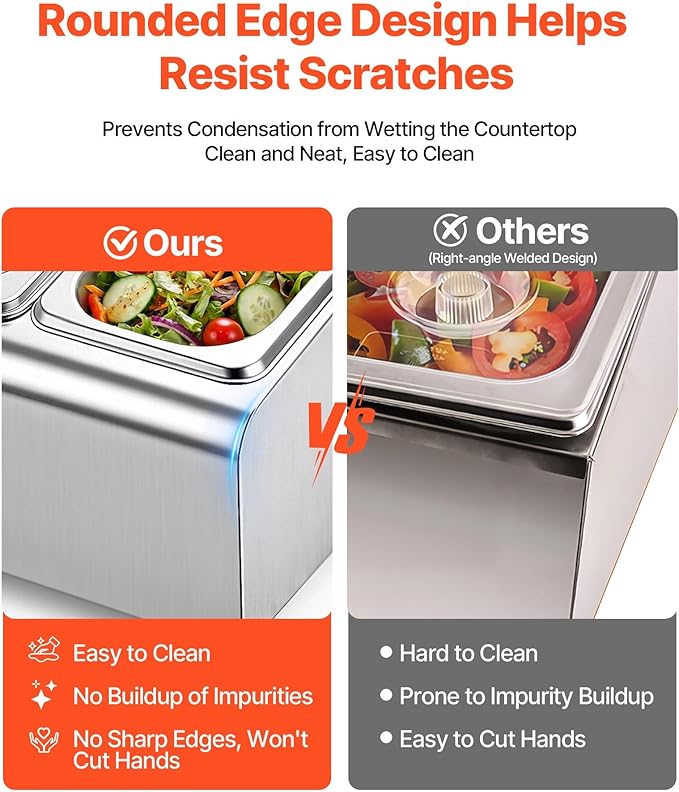 VEVOR Countertop Food Serving Display Container, Stainless Steel Food Salad Server Tray, Buffet Condiment Dispenser, Ice Cooled Rack with Separate Lid, for Restaurant Hotel Kitchen (2x1/6+3x1/9 Pan)