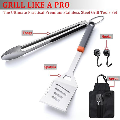 5PCS Grill Tools Set, BBQ Grilling Accessories with Spatula Tongs Apron Hooks, Portable Grill Utensils Set, Stainless Steel Grilling Tools Kit, Camping Tailgating Gifts for Men Dad