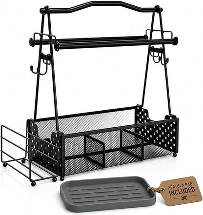 Grill Caddy for Outdoor Kitchen - Foldable Picnic Caddy for BBQ Accessories - Versatile Outdoor Kitchen Accessories Basket with Paper Roll Holder, Hooks & Compartments