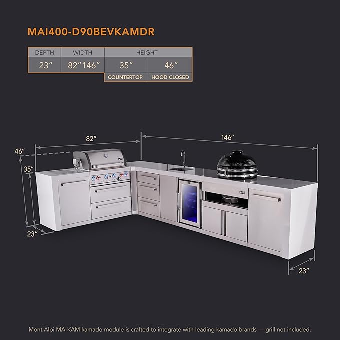 Mont Alpi Premium 4-Burner 82"x146" L-Shaped Deluxe Stainless Steel Modular Outdoor Kitchen Island BBQ Gas Grill + Beverage Center Faucet & Sink + Refrigerator + Kamado + Storage Drawers and Cabinets
