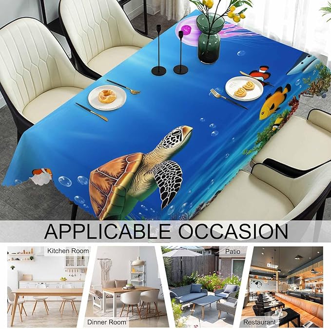 Sea Turtle Kitchen Tablecloth Ocean Underwater Jellyfish Shark Coral Reef Indoor Outdoor Table Cover Anti-Oil Table Cloths for Wedding Banquet Dinner Tablecloths, 52x70 Inch(4-6 Seats)