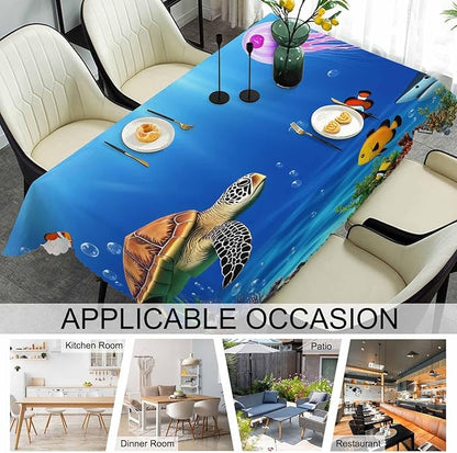 Sea Turtle Kitchen Tablecloth Ocean Underwater Jellyfish Shark Coral Reef Indoor Outdoor Table Cover Anti-Oil Table Cloths for Wedding Banquet Dinner Tablecloths, 52x70 Inch(4-6 Seats)