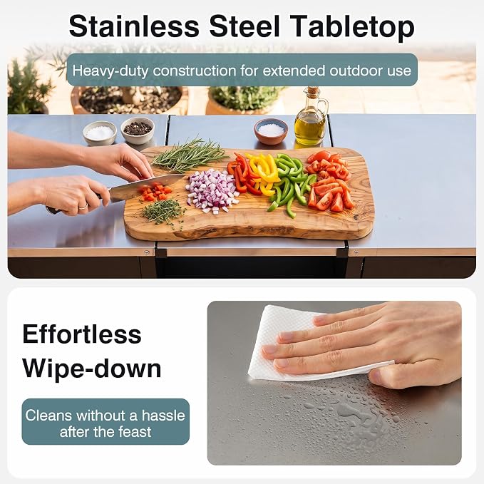 HAPPYGRILL 59” Outdoor Grill Table w/2 Removable Shelves & Storage Cabinets | Heavy-duty BBQ Prep Station w/ Stainless Steel Top, Lockable Universal Wheels, Suitable for Gas Grills & Charcoal Griddles