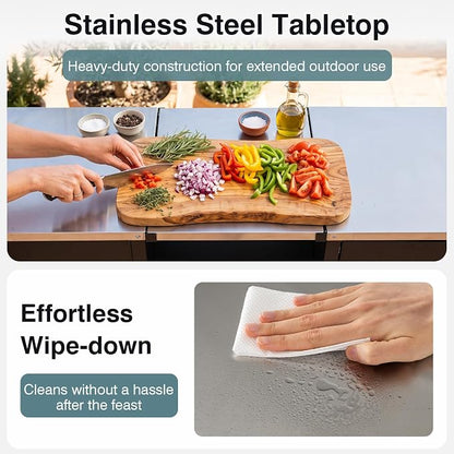 HAPPYGRILL 59” Outdoor Grill Table w/2 Removable Shelves & Storage Cabinets | Heavy-duty BBQ Prep Station w/ Stainless Steel Top, Lockable Universal Wheels, Suitable for Gas Grills & Charcoal Griddles