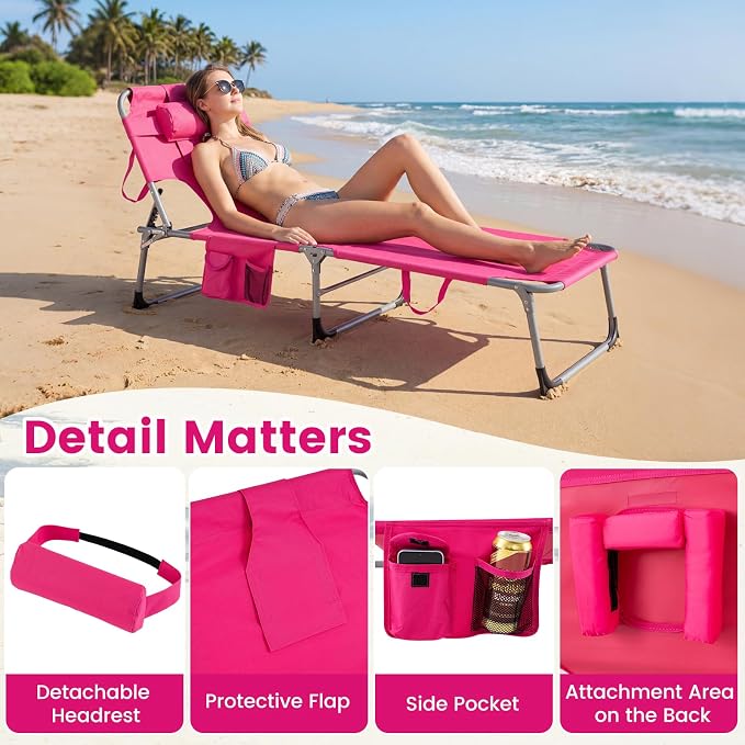 HAPPYGRILL Folding Tanning Chair with Face Hole, Outdoor Beach Sunbathing Chaise Lounge with Adjustable Backrest, Side Pocket, Pillow, Portable Recliner for Poolside Backyard