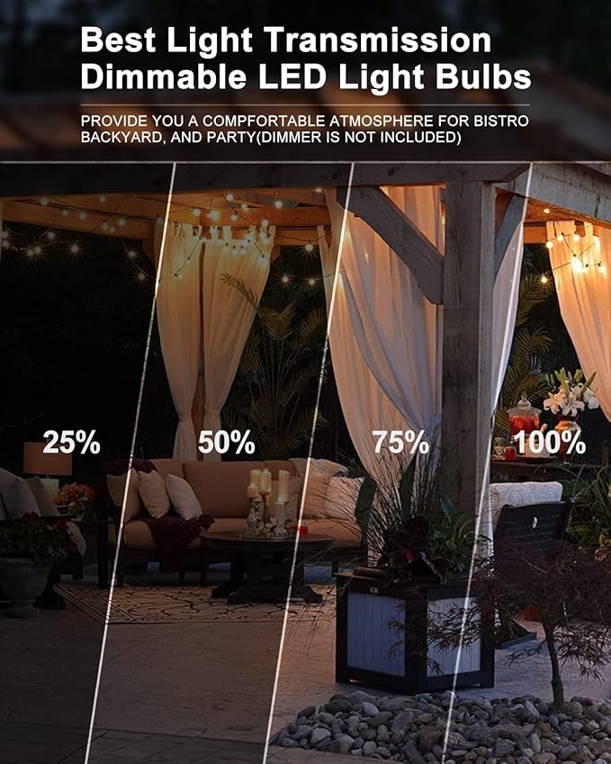 Lightdot 198FT Outdoor String Lights, LED Bistro String Lights with Shatterproof ST38 Bulbs, 2200K Dimmable, Waterproof Hanging Lights for Porch, Party, Garden, Backyard, Balcony - ETL Listed