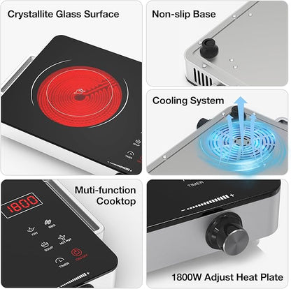 WABK Portable Electric Cooktop, 1800W Infrared Hot Plate Countertop Burner with Handle, 110V Single Burner Electric Stove with Knob & Touch Control, 4-Hours Timer & 10 Power Levels for Home Camping