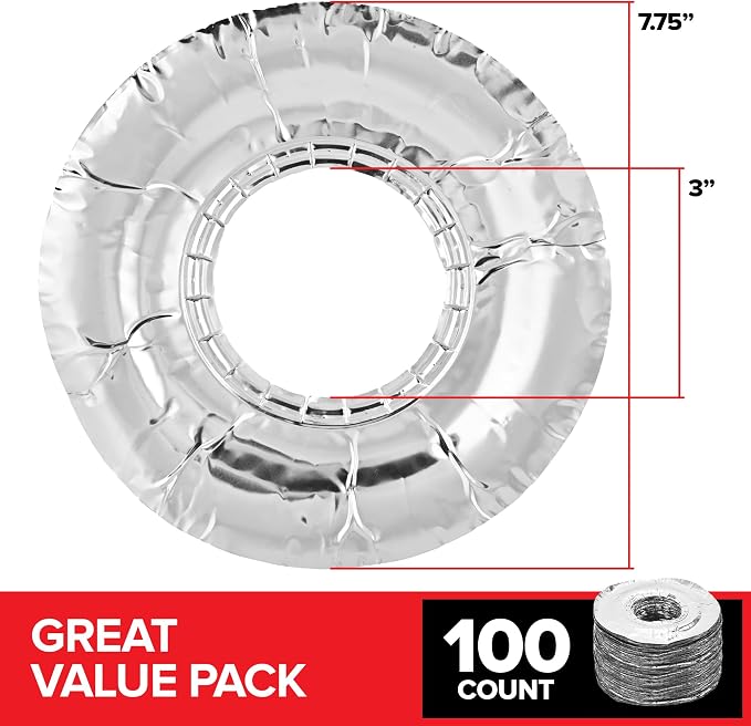 Round Disposable Gas Burner Liners (100 Pack) Aluminum Foil Burner Covers for Gas Stove - 7.5 Inch Stove Liners for Gas Burners, Foil Liners to Catch Oil, Grease, and Food Spills, Stock Your Home