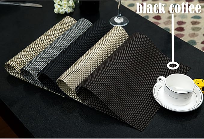 Zupro Placemats Set of 4 for Kitchen Dining Table Washable Braided Table Mats Heat-Resistant Placemats Non-Slip Woven PVC Vinyl Place Mats for Everyday use or Dinner BBQs 18"x12"(Black Coffee