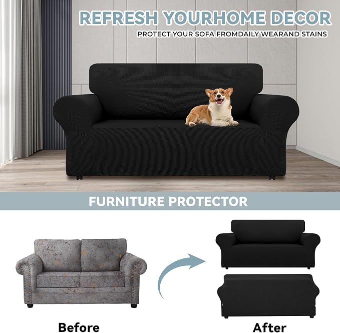 LURKA Stretch Loveseat Couch Cover, 1 Piece 2 Cushion Sofa Slipcover, Black | Soft Stretch Jacquard, Fits 55"-78" Loveseats, Elastic Bottom for Secure Fit, Machine Washable, Pet & Kid Friendly