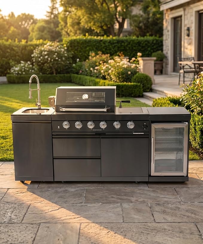 Outdoor Kitchen Island Grill with Refrigerator & Rotisserie, Heavy-Duty Stainless Steel Freestanding Grill Station, Weather-Resistant Cooking Cabinet for Backyard & Summer Parties for Propane Gas