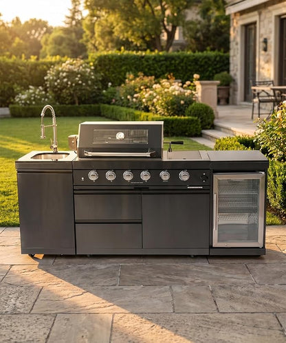 Outdoor Kitchen Island Grill with Refrigerator & Rotisserie, Heavy-Duty Stainless Steel Freestanding Grill Station, Weather-Resistant Cooking Cabinet for Backyard & Summer Parties for Propane Gas
