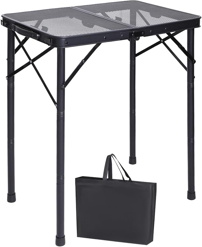 REDCAMP 2 Feet Small Folding Grill Table for Outside, 3 Heights Adjustable Portable Metal Outdoor Picnic Table for Camping Travel Cooking BBQ, Black, 24" Lx 16" Wx 27.5" H