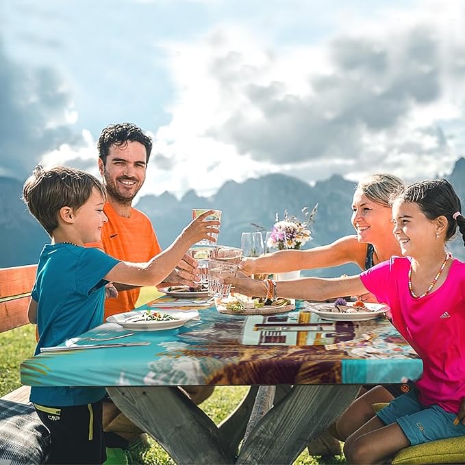 Picnic Table Cover with Bench Covers, Travel, 3 Piece, 72 Inch | With Bench Covers Full Elastic Edge Tablecloth Waterproof Wipeable RV Outdoor Patio Park Essentials With Drawstring Bag