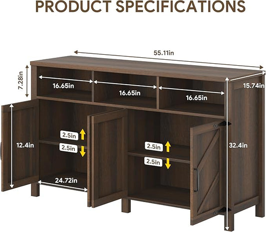 knoworld Buffet Sideboard with Storage Farmhouse with 4 Doors, 55'' Large Kitchen Storage Cabinet Wood Coffee Bar Cabinet Buffet Table with Shelves for Kitchen, Dining Room, Entryway (Brown, 55in)