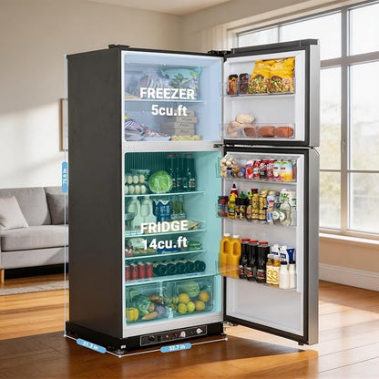 Propane Refrigerator with Freezer 19 Cu.Ft, Off Grid Gas Fridge, Dual Power Supply, Large Capacity Refrigerator for RV Home Outdoor Camper Kitchen, Stainless Steel