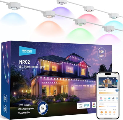 NEEWER 196ft Permanent Outdoor Lights for House Decor, Smart AI RGB IC CW Outside Eaves String Christmas Lighting, 120 LED Lights, App Control 50+ Scenes IP65 Waterproof, Compatible with Alexa, NR02
