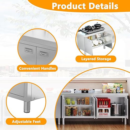 WWK 59" x 21" Stainless Steel Prep Table with Cabinet, Commercial Kitchen Table for Prep & Work, Heavy Duty Work Table with 4 Doors for Kitchen, Restaurant, Hotel, Garage and Cafe