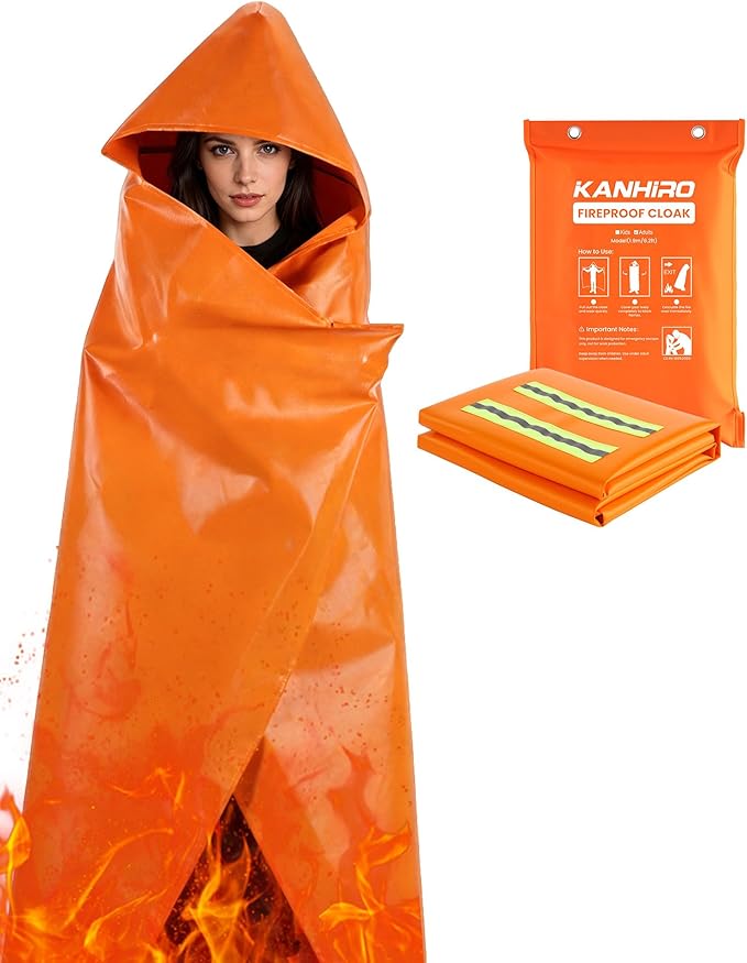 Emergency Fireproof Cloak with Hood – KANHIRO 1076°F Heat Resistant Fire Escape Poncho, Extra Large Silicone Coated Fire Blanket Cape for Home, Kitchen & Emergency