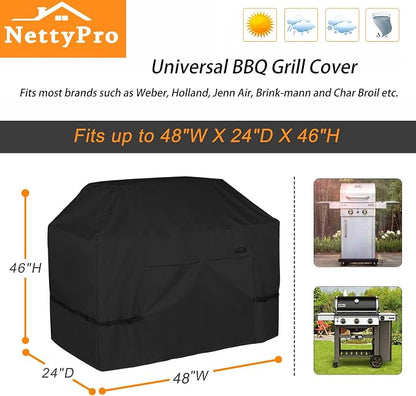 NettyPro Grill Cover for Outdoor Grill 48 Inch Waterproof Heavy Duty, Black | 2-3 Burner Gas BBQ Cover for Outside, UV Protection, Windproof Strap, Air Vent, Fits Weber, Char-Broil, Brinkmann Barbecue