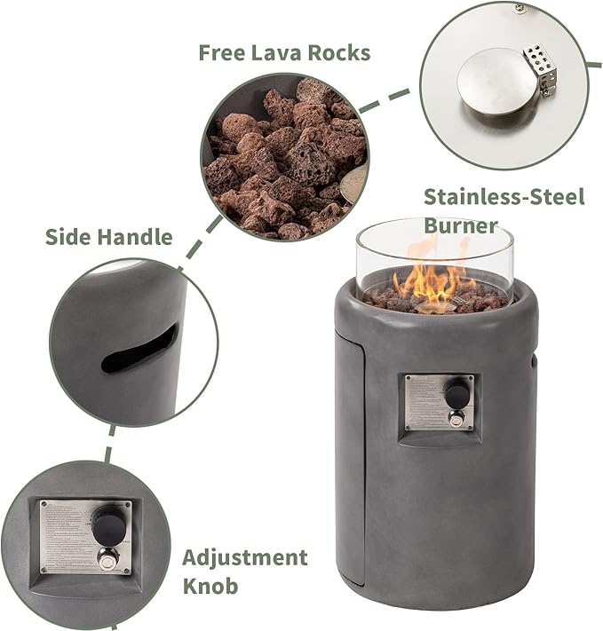COSIEST Outdoor Propane Fire Pit Table w Compact Ledgestone 16-inch Round Graphite Base and Glass Wind Guard, Certified, 40,000 BTU, Free Lava Rocks, Touch-up Pen, Fits 20lb (Grey)