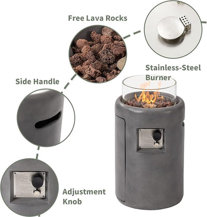 COSIEST Outdoor Propane Fire Pit Table w Compact Ledgestone 16-inch Round Graphite Base and Glass Wind Guard, Certified, 40,000 BTU, Free Lava Rocks, Touch-up Pen, Fits 20lb (Grey)