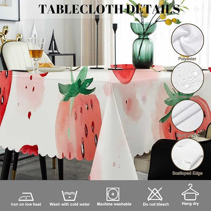 Swono Strawberry Red Tablecloth Summer Fruits Strawberry Leaves Decorative Table Cover for Kitchen, Party Banquet and Holiday Tablecloth, 52x70 Inch(4-6 Seats)
