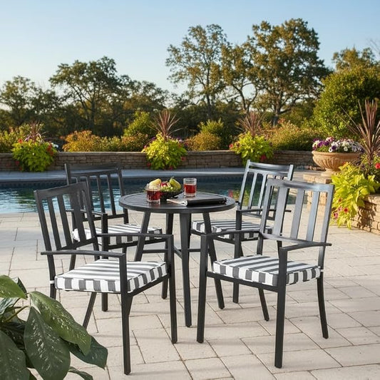 Outdoor 18 inch Square Patio Dining Chair Pads – Comfortable Fiber-Filled Seat Cushions with Ties, Reversible Polyester Fabric - Canopy Stripe Gray, Set of 4