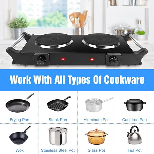 2000W Hot Plate,Portable Electric Stove Countertop Double Burners W/5 Level Temperature Control & Stay Cool Handles, Easy to Clean, Lightweight Cast Iron Electric Stove for RV/Home/Camp 110V