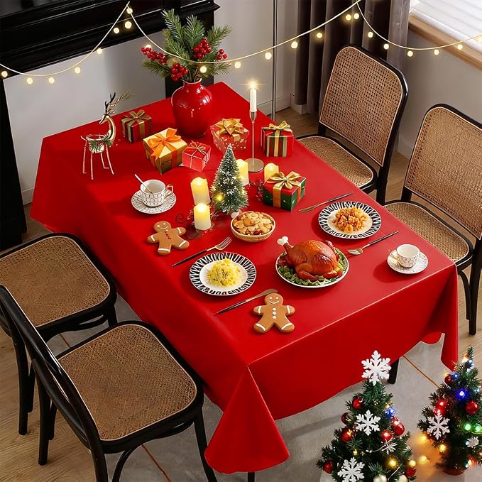 SASTYBALE Red Vinyl Tablecloth with Flannel Backing, Waterproof PVC Tablecloths for Rectangle Tables, Plastic Wipeable Table Cloths for Daily, Holiday and Party Dinner(60 x 84 Inch)