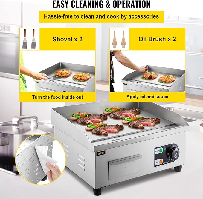 VEVOR 14" Commercial Electric Griddle,110V 1500W Electric Countertop Griddle Non-Stick Restaurant Teppanyaki flat top Grill Stainless Steel 122°F-572°F Adjustable Temperature Control(No Plug)