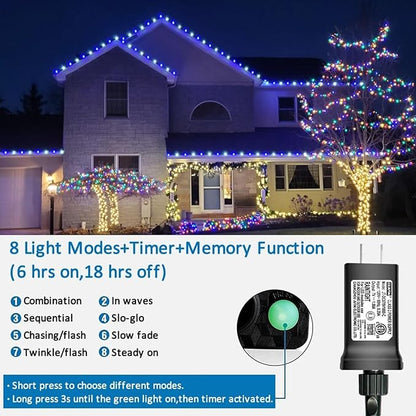YEGUO 165ft 500 LED String Lights Outdoor Waterproof, Blue and White Christmas Light Indoor, 8 Modes Green Wire Twinkle Tree Lights Plug in with Memory Timer