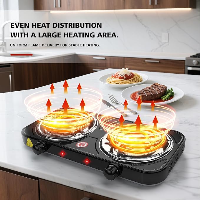 2200W Portable Electric Hot Plate for Cooking, Two Burner Electric Cooktop,Double Coil Electric Burner, Electric Stove with 2 Burner,Adjustable Temperature Control, (black)