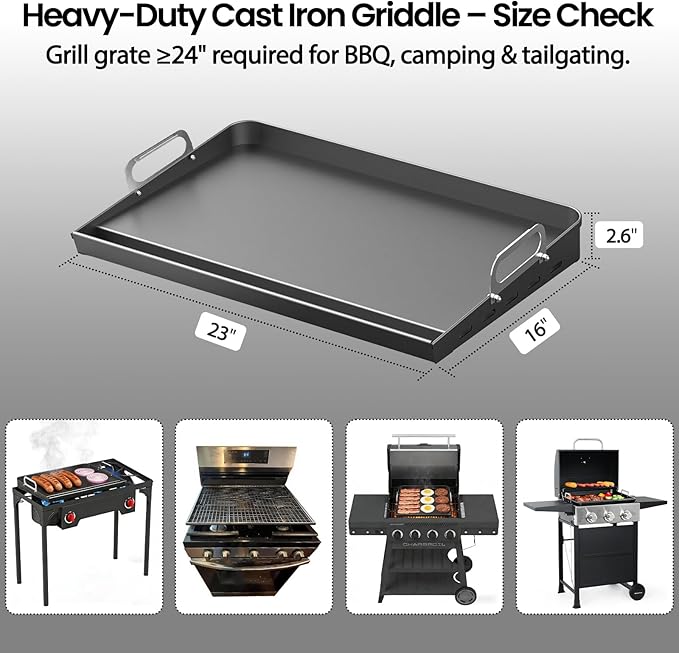 23x16 Inch Nonstick Universal Grill Griddle for Gas Grill, Built-in Grease Channel & Reinforced Even-Heat Base, Easy Clean, BBQ Griddle Plate for Outdoor BBQ, Camping, Indoor Stovetop Cooking