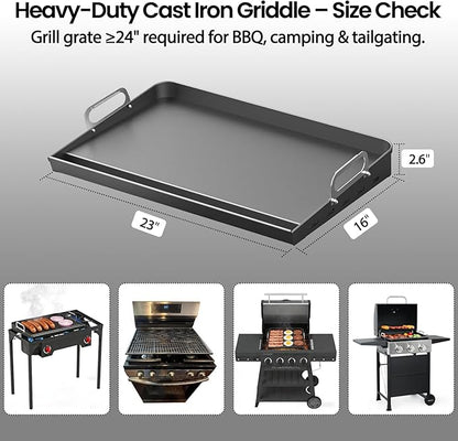 23x16 Inch Nonstick Universal Grill Griddle for Gas Grill, Built-in Grease Channel & Reinforced Even-Heat Base, Easy Clean, BBQ Griddle Plate for Outdoor BBQ, Camping, Indoor Stovetop Cooking
