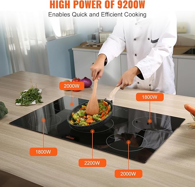 VEVOR Built-in Induction Electric Stove Top 30 Inch,5 Burners Electric Cooktop,9 Power Levels & Sensor Touch Control,Easy to Clean Ceramic Glass Surface,Child Safety Lock,240V