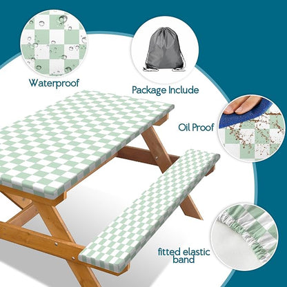 Picnic Table Cover with Bench Covers and Bag, Sage Green and White Checkered Buffalo Plaid Camping Tablecloth Waterproof Elastic Edges Fitted Gingham Tablecloth for Outdoor Garden 3PCS 30x60 Inch