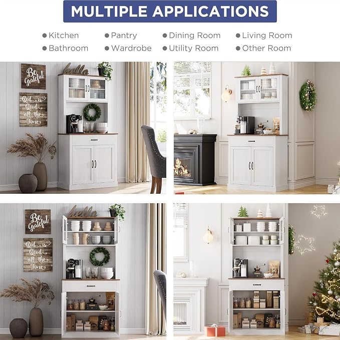 GarveeHome Kitchen Pantry Cabinet, 71 in Tall Kitchen Hutch Storage Pantry with Microwave Stand, Freestanding Buffet with Shelves and Glass Doors for Home Dining Room, White