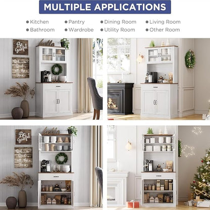 GarveeHome Kitchen Pantry Cabinet, 71 in Tall Kitchen Hutch Storage Pantry with Microwave Stand, Freestanding Buffet with Shelves and Glass Doors for Home Dining Room, White