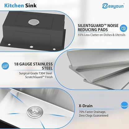 28 Inch Drop In Kitchen Sink 28 x 18 Kitchen Sink 18 Gauge Stainless Steel Single Bowl Topmount Handmade Sink, 28x18x9